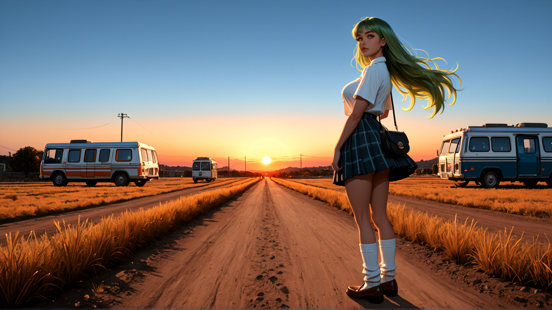 AI generated wallpaper featuring girl, bus, sunset, road, field, sack, sun
