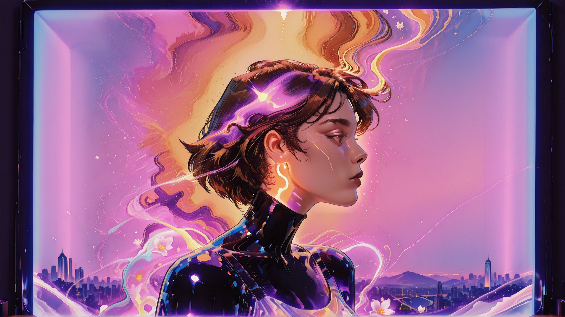 AI generated wallpaper featuring woman, cityscape, flowers, abstract, neon, hair, cyberpunk, silhouette, futuristic, glowing