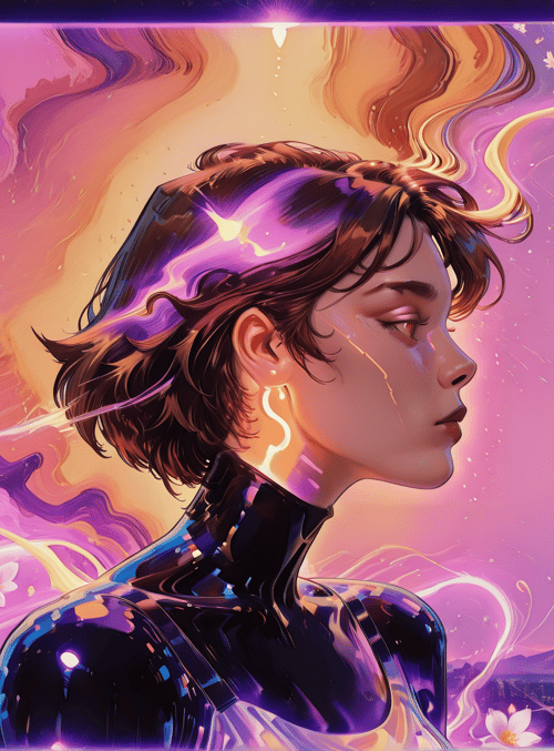 woman, cityscape, flowers, abstract, neon, hair, cyberpunk, silhouette, futuristic, glowing
