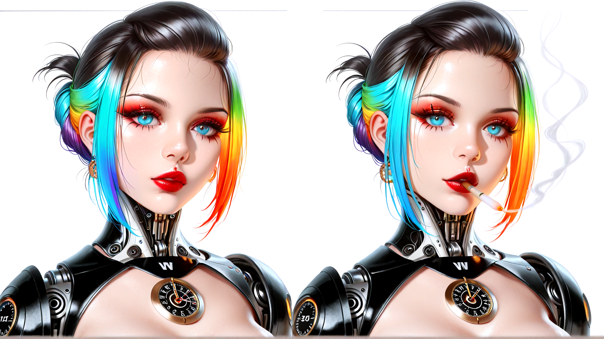 AI generated wallpaper featuring cyborg, woman, robot, hair, smoke