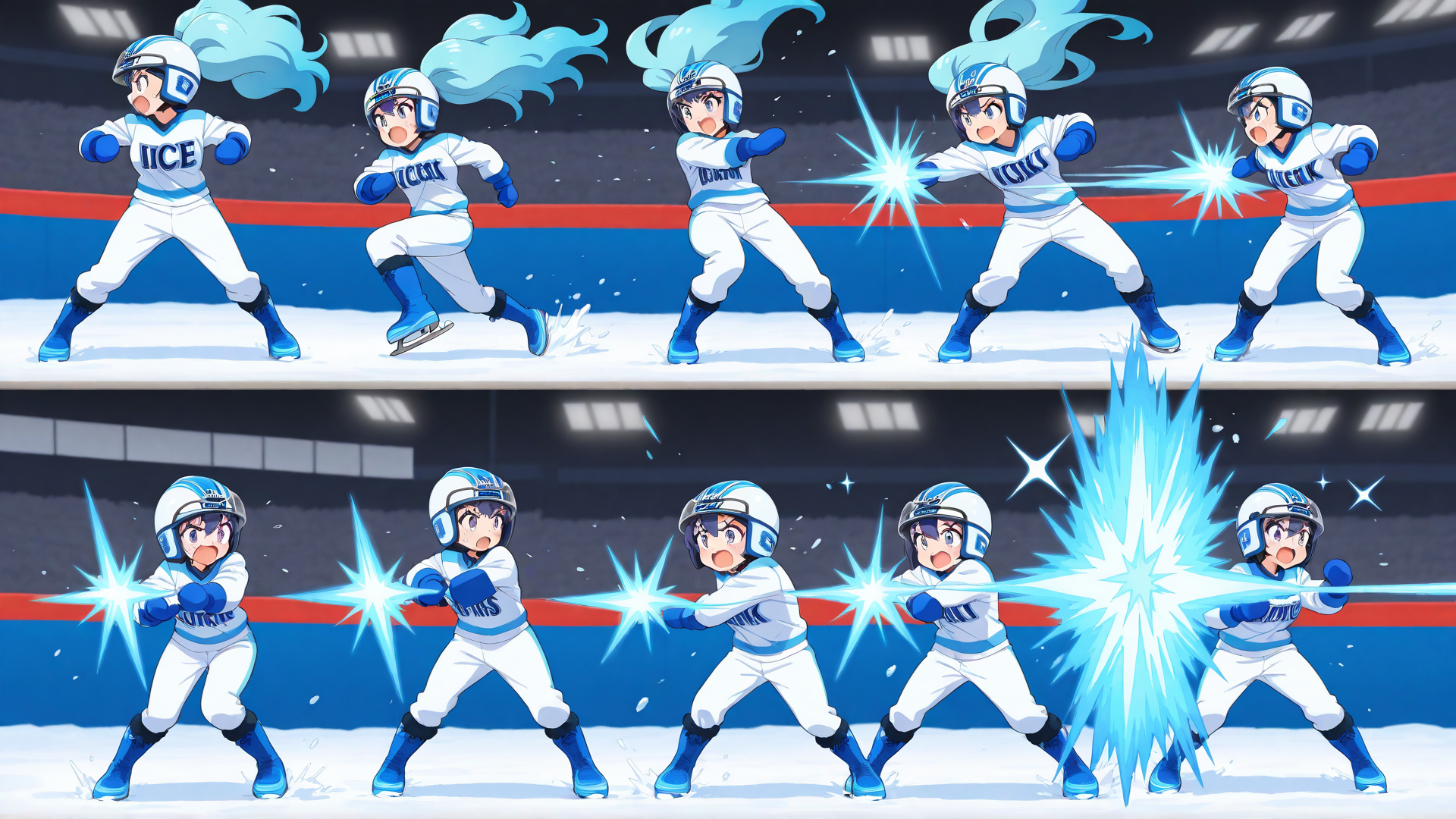 AI generated wallpaper featuring figure skater, character, athlete, team, ice, skating, helmet, uniform, power, spark