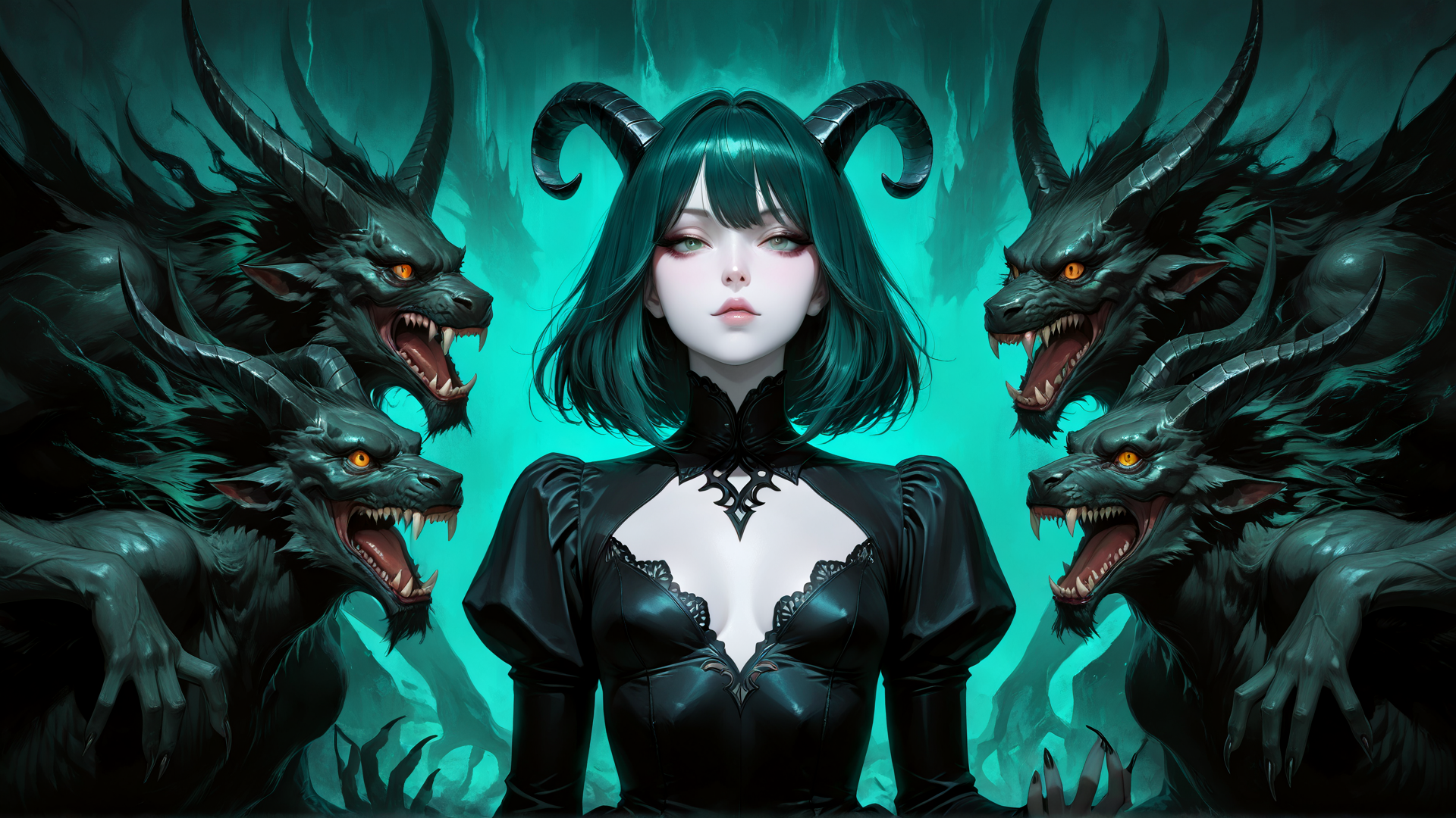 AI generated wallpaper featuring woman, demons, ram horns