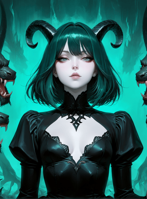 woman, demons, ram horns