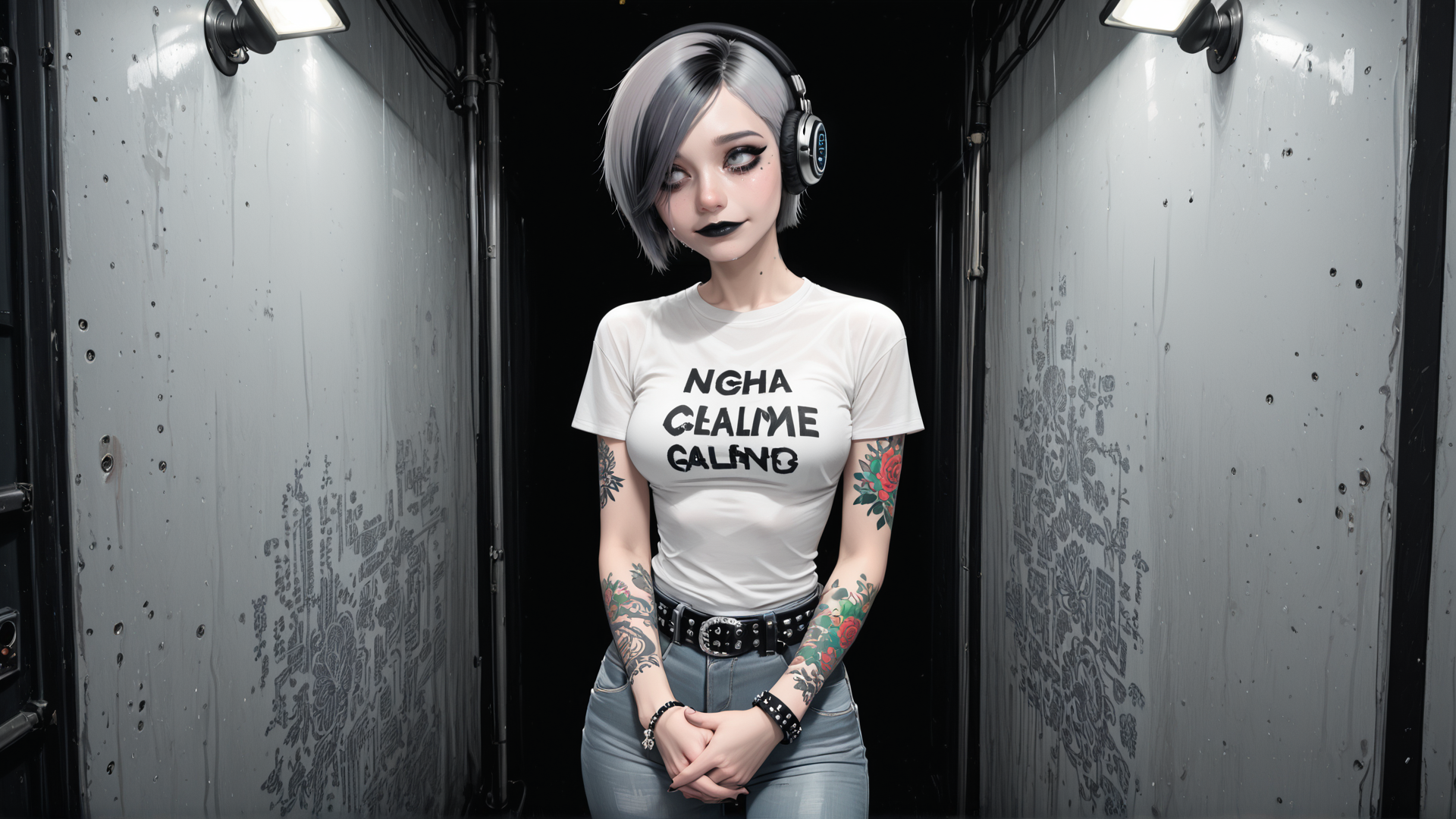 AI generated wallpaper featuring woman, tattoo, headphones, t-shirt, jeans, belt