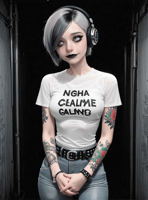 woman, tattoo, headphones, t-shirt, jeans, belt