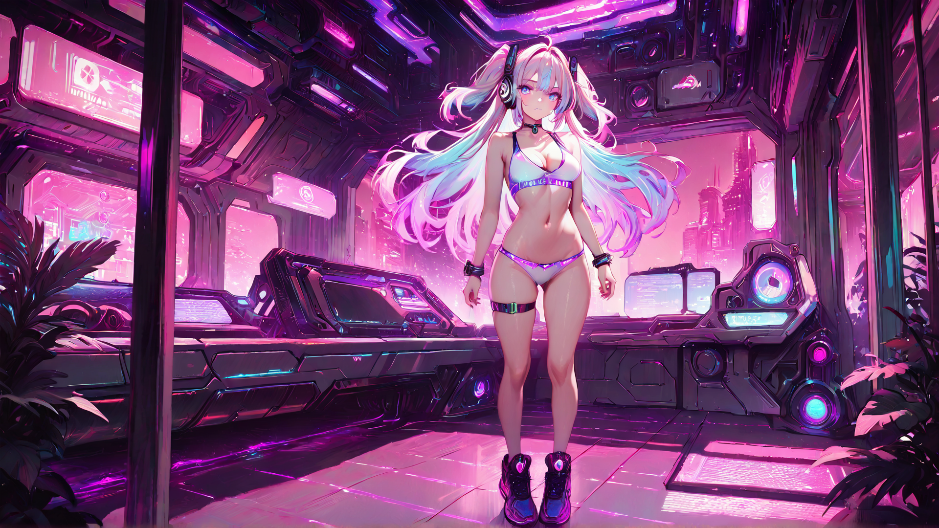 AI generated wallpaper featuring cyberpunk girl, anime character, digital avatar