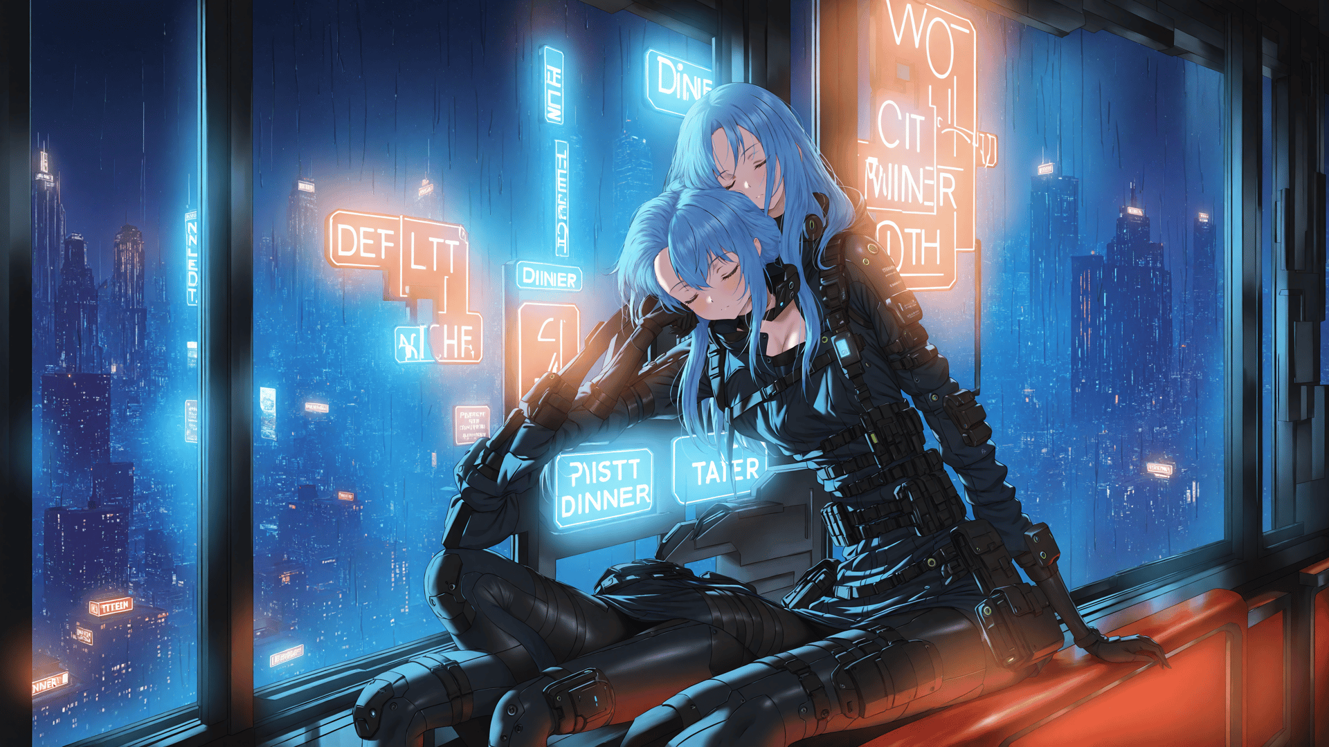 AI generated wallpaper featuring girls, neon, city