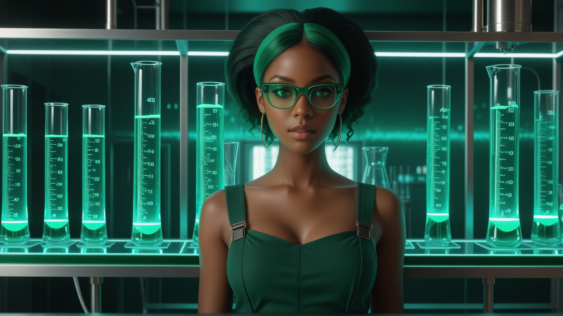 AI generated wallpaper featuring woman, scientist, test tubes, lab equipment, glasses