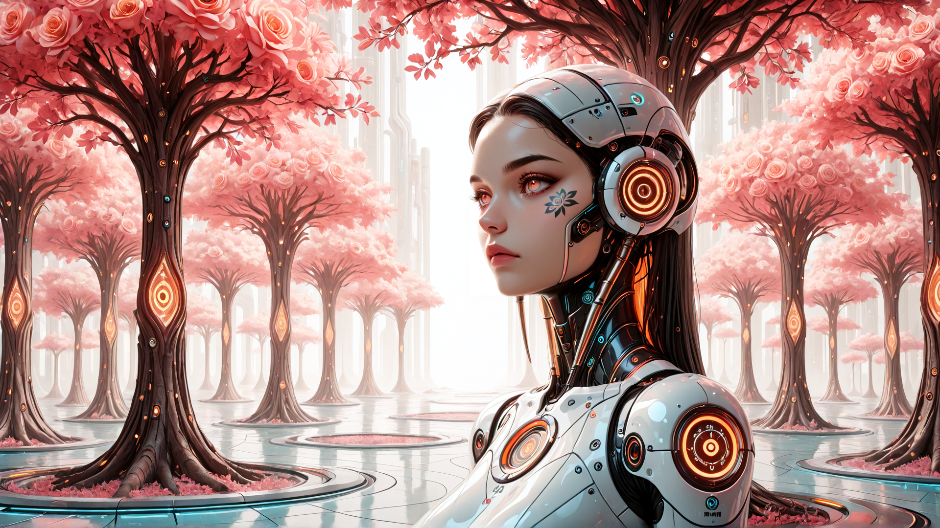 AI generated wallpaper featuring cyborg, tree, rose, forest, robot, garden, nature, futuristic, mechanical, humanoid