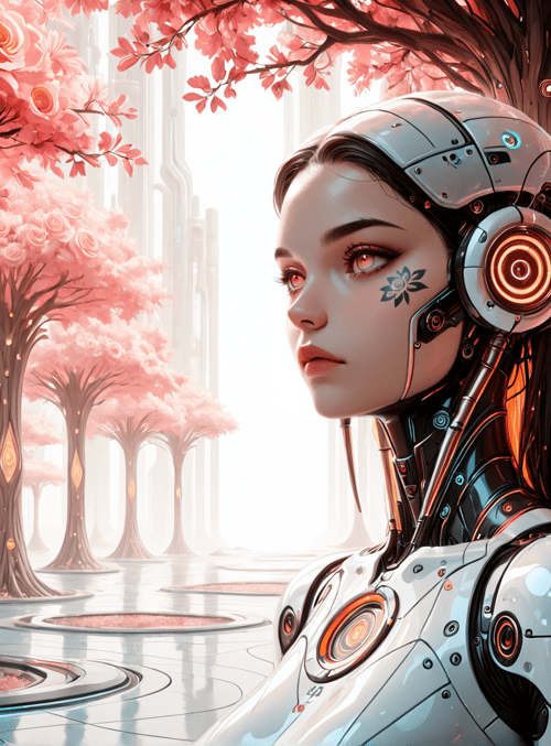 cyborg, tree, rose, forest, robot, garden, nature, futuristic, mechanical, humanoid
