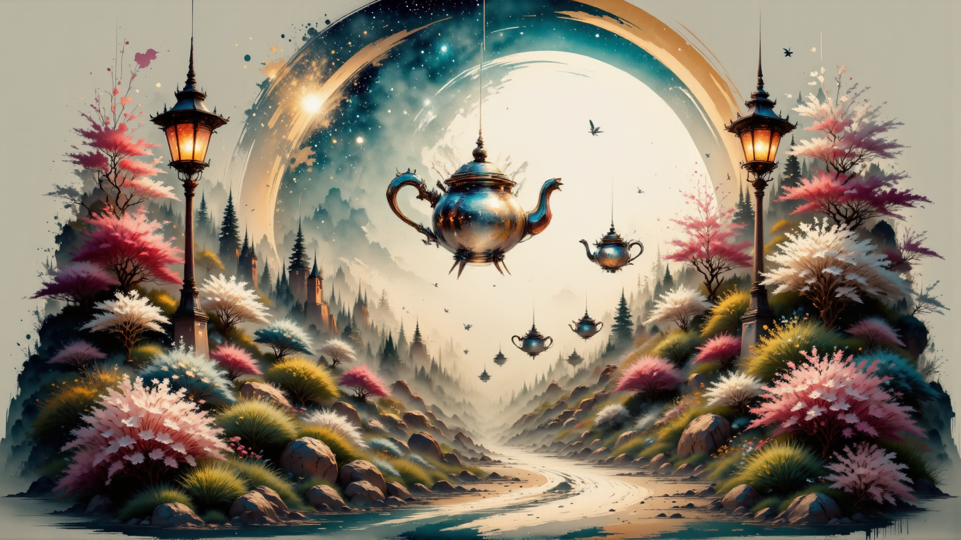 AI generated wallpaper featuring teapot, lantern, tree, mountain, river