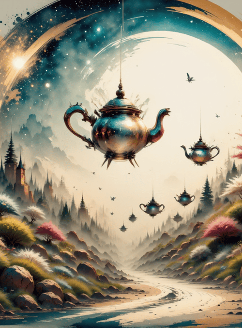 teapot, lantern, tree, mountain, river