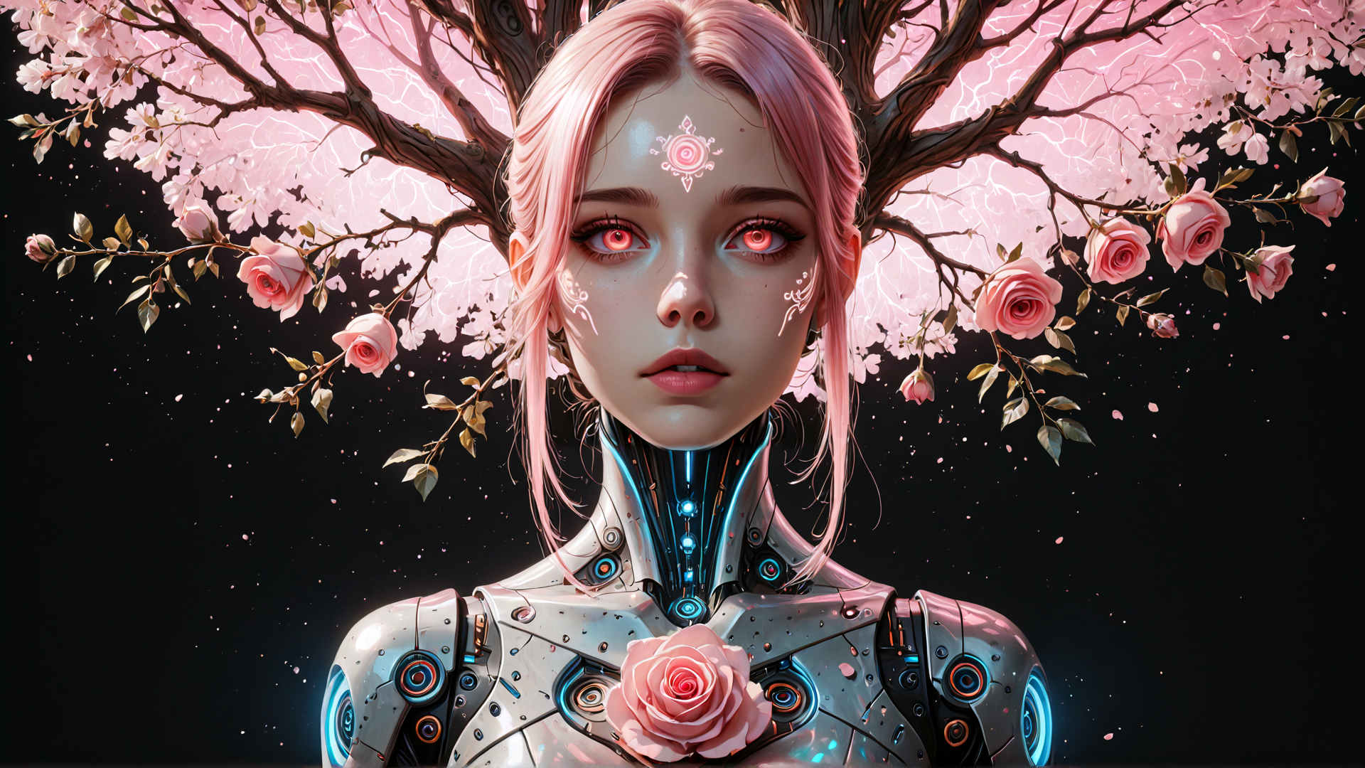 AI generated wallpaper featuring cyborg, tree, roses, cherry blossoms, pink hair