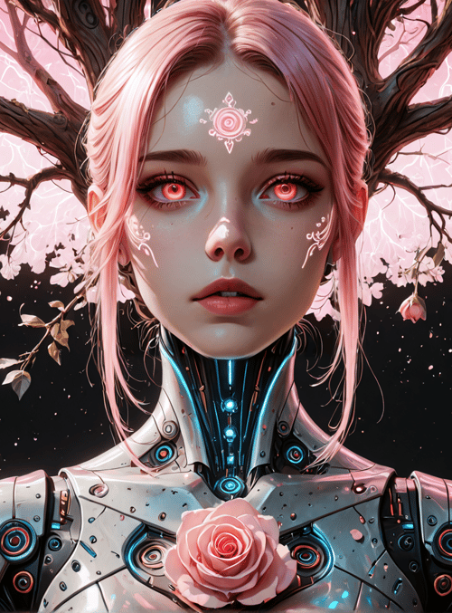 cyborg, tree, roses, cherry blossoms, pink hair