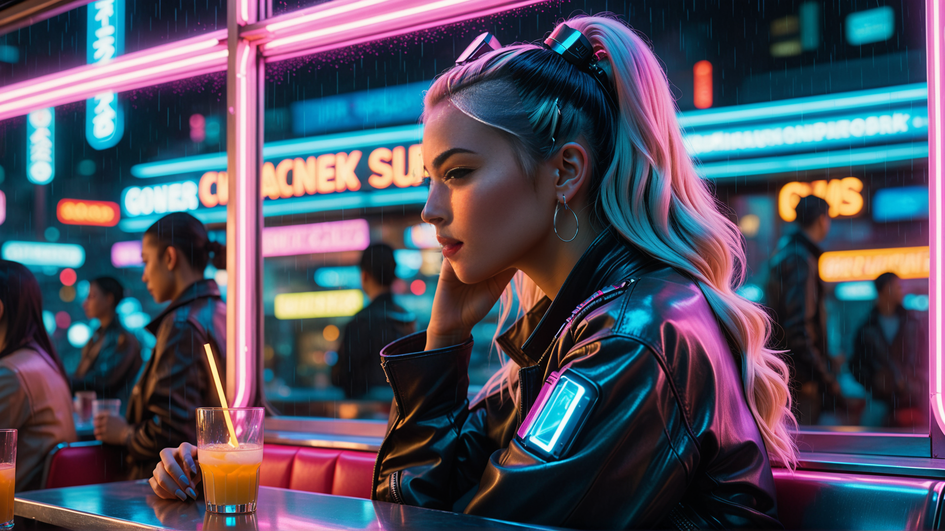 AI generated wallpaper featuring woman, neon, bar
