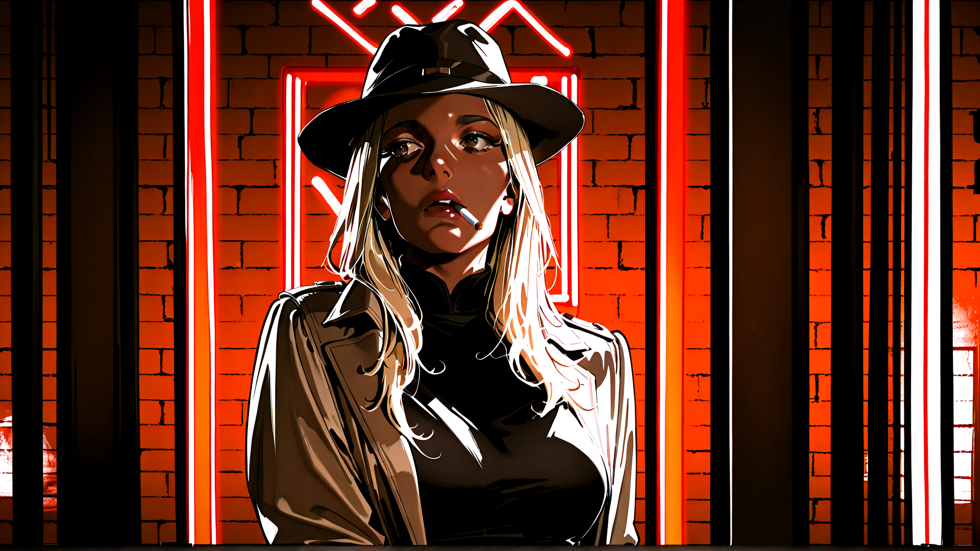 AI generated wallpaper featuring woman, hat, cigarette, jacket, neon