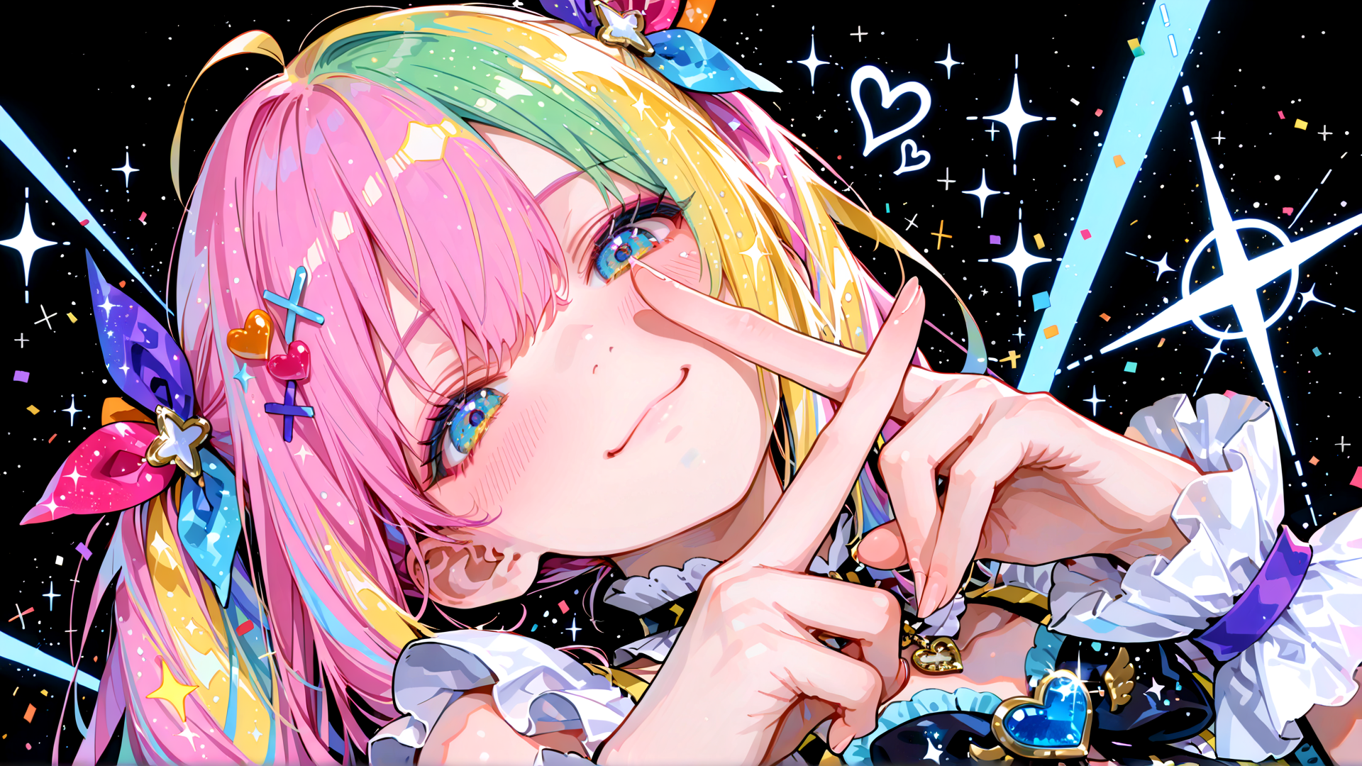 AI generated wallpaper featuring girl, anime, character, hair, hand, ribbon, star, heart, confetti, dress
