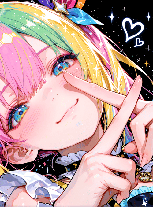 girl, anime, character, hair, hand, ribbon, star, heart, confetti, dress