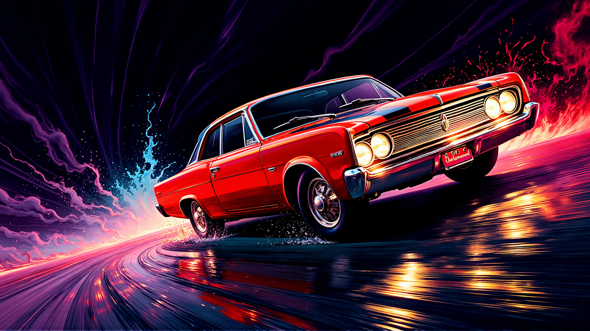 AI generated wallpaper featuring car, road, paint, speed, lights, reflection, smoke, flames, wheels, sparks