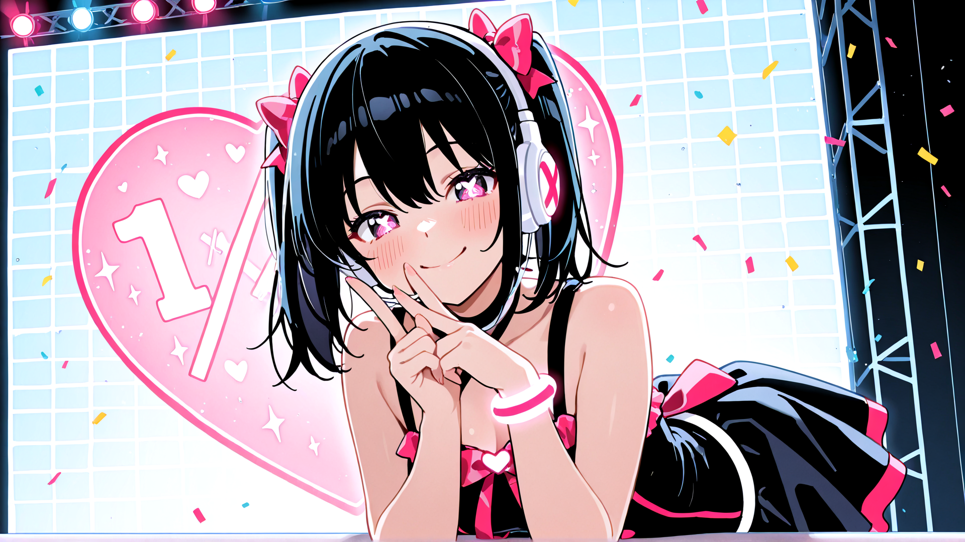 AI generated wallpaper featuring girl, anime, headphones, heart, confetti, bow, finger, dress, stage, light