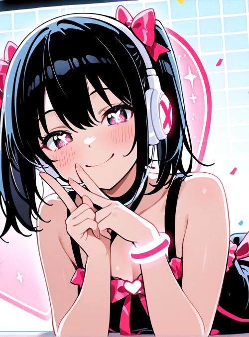 girl, anime, headphones, heart, confetti, bow, finger, dress, stage, light