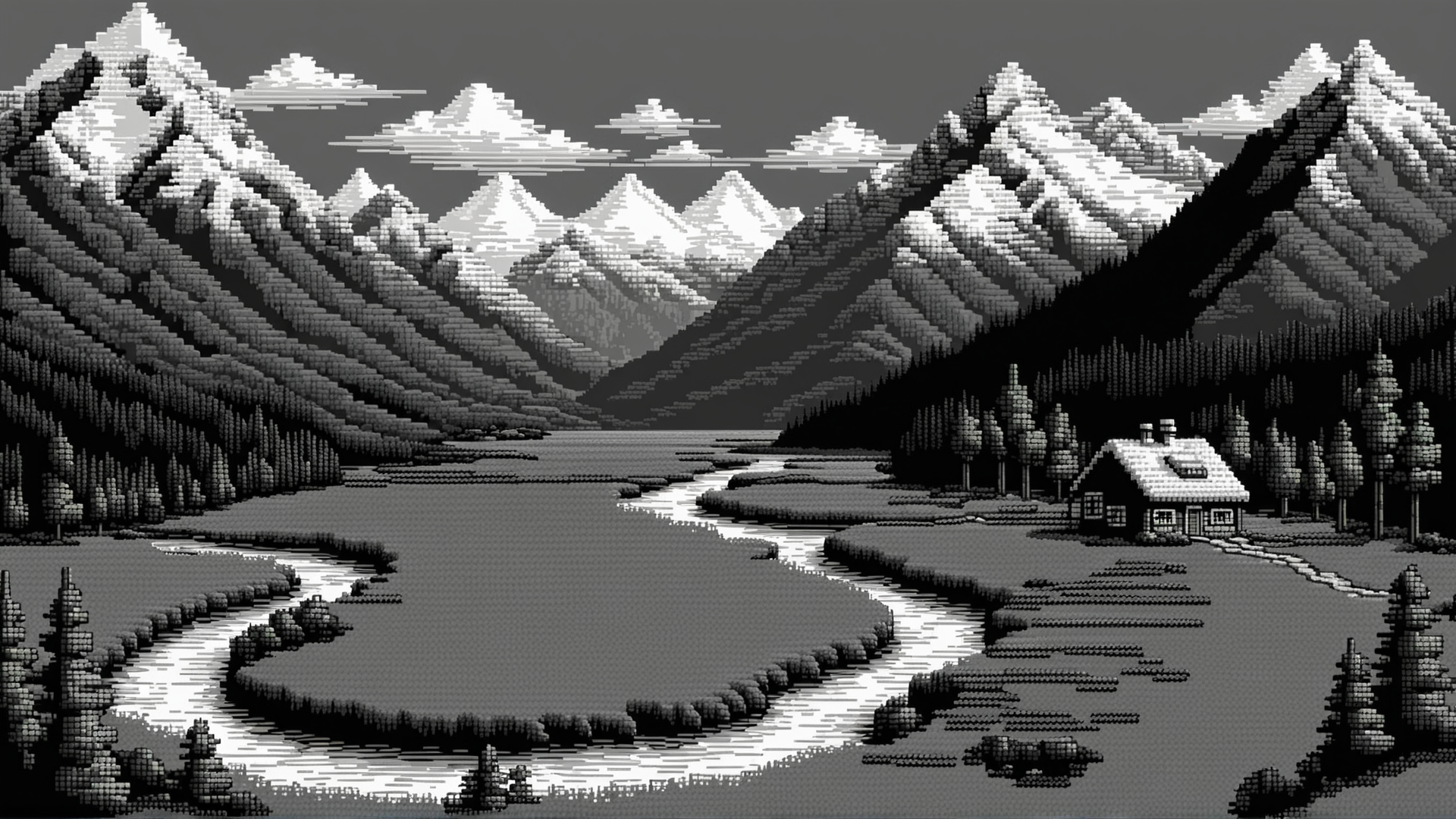 AI generated wallpaper featuring mountains, house, river
