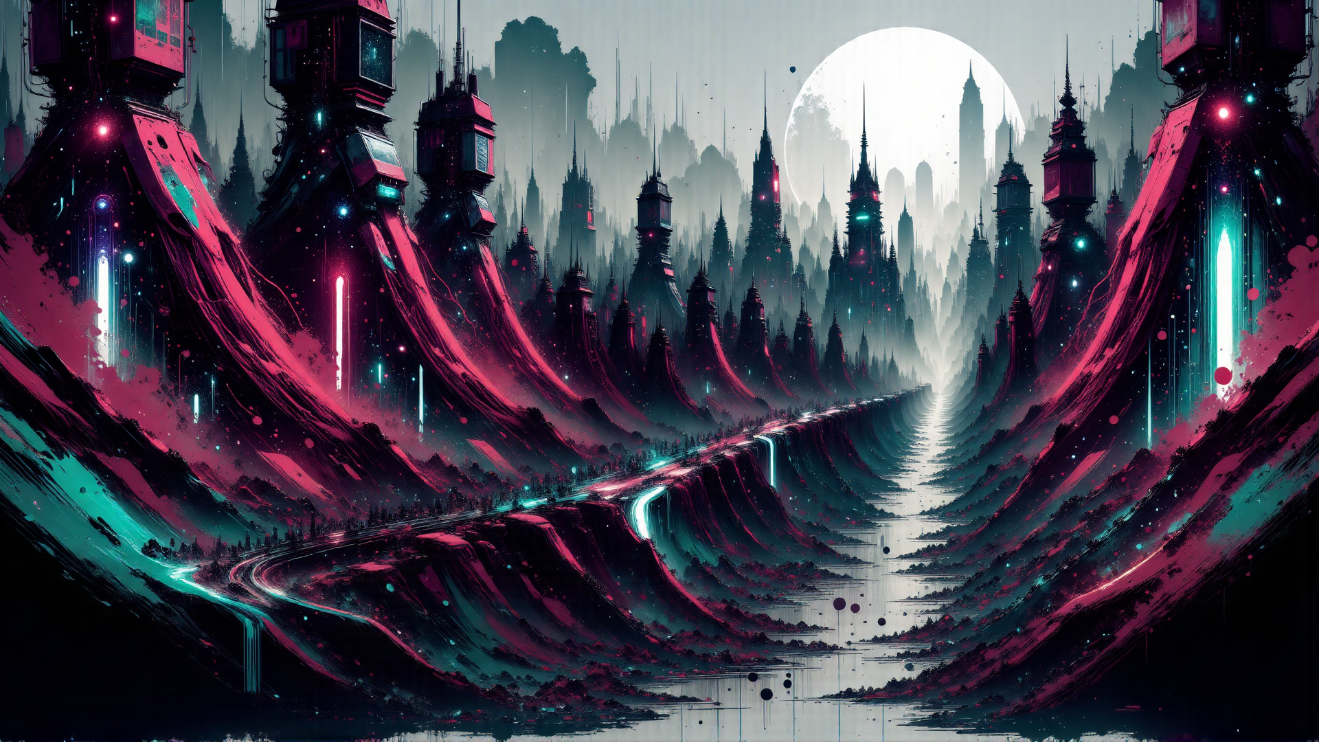 AI generated wallpaper featuring city, buildings, mountains, river, skyscrapers, lamps, canyon, structures, moon, path