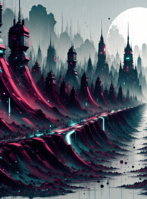 city, buildings, mountains, river, skyscrapers, lamps, canyon, structures, moon, path