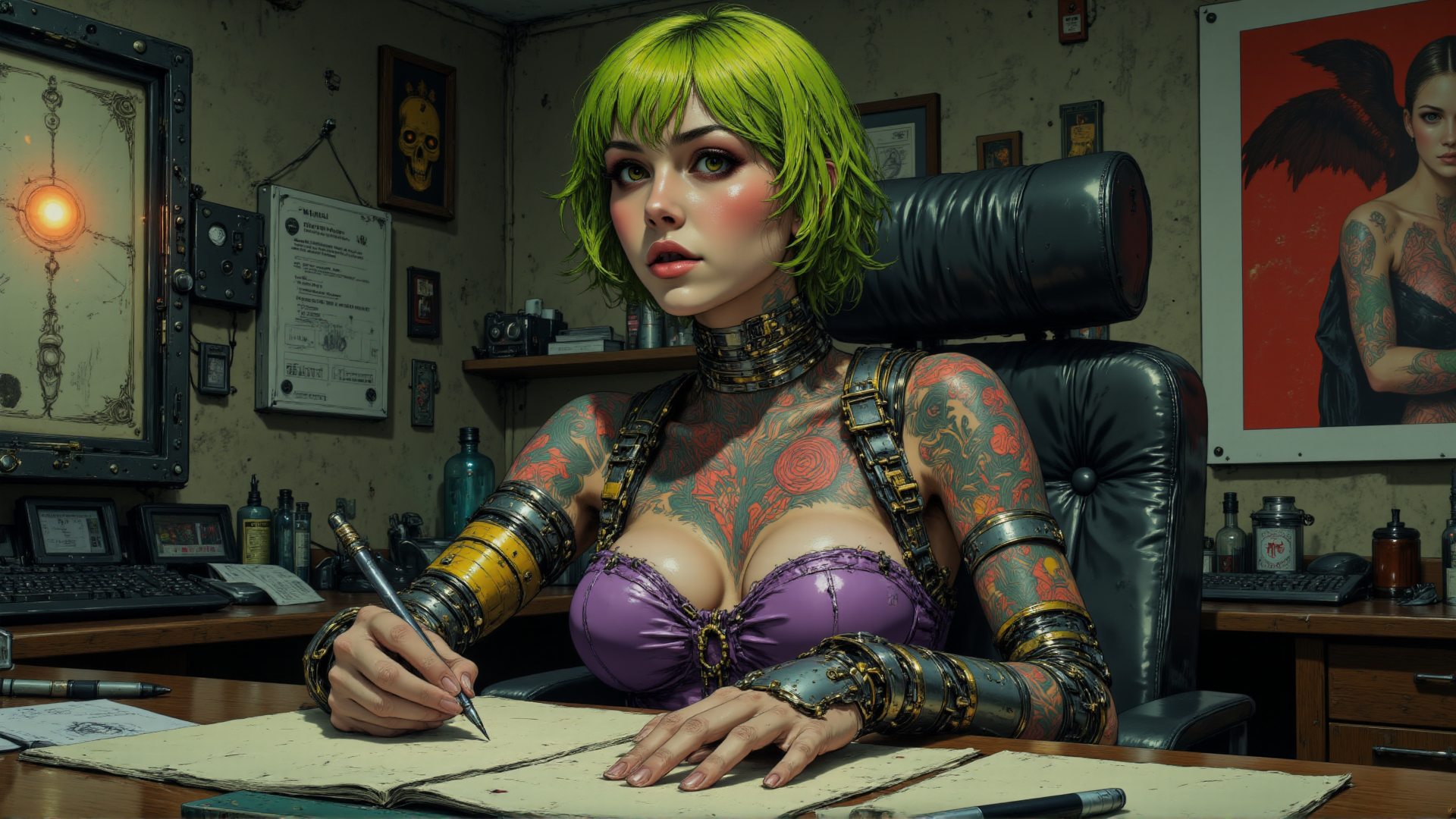 AI generated wallpaper featuring woman, tattoo, armor, desk, computer, skull, poster, ink, pen, book