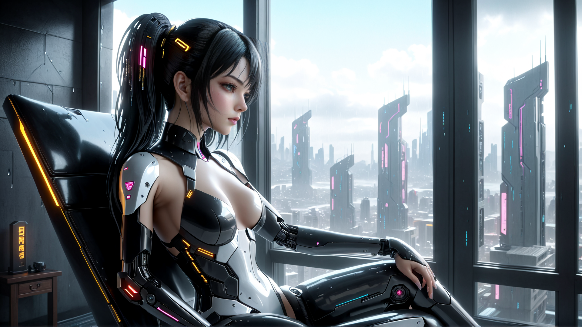 AI generated wallpaper featuring cyborg, woman, cityscape