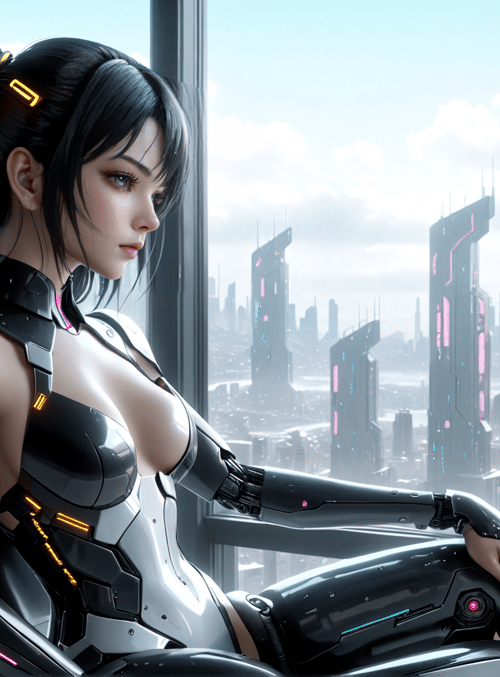 cyborg, woman, cityscape