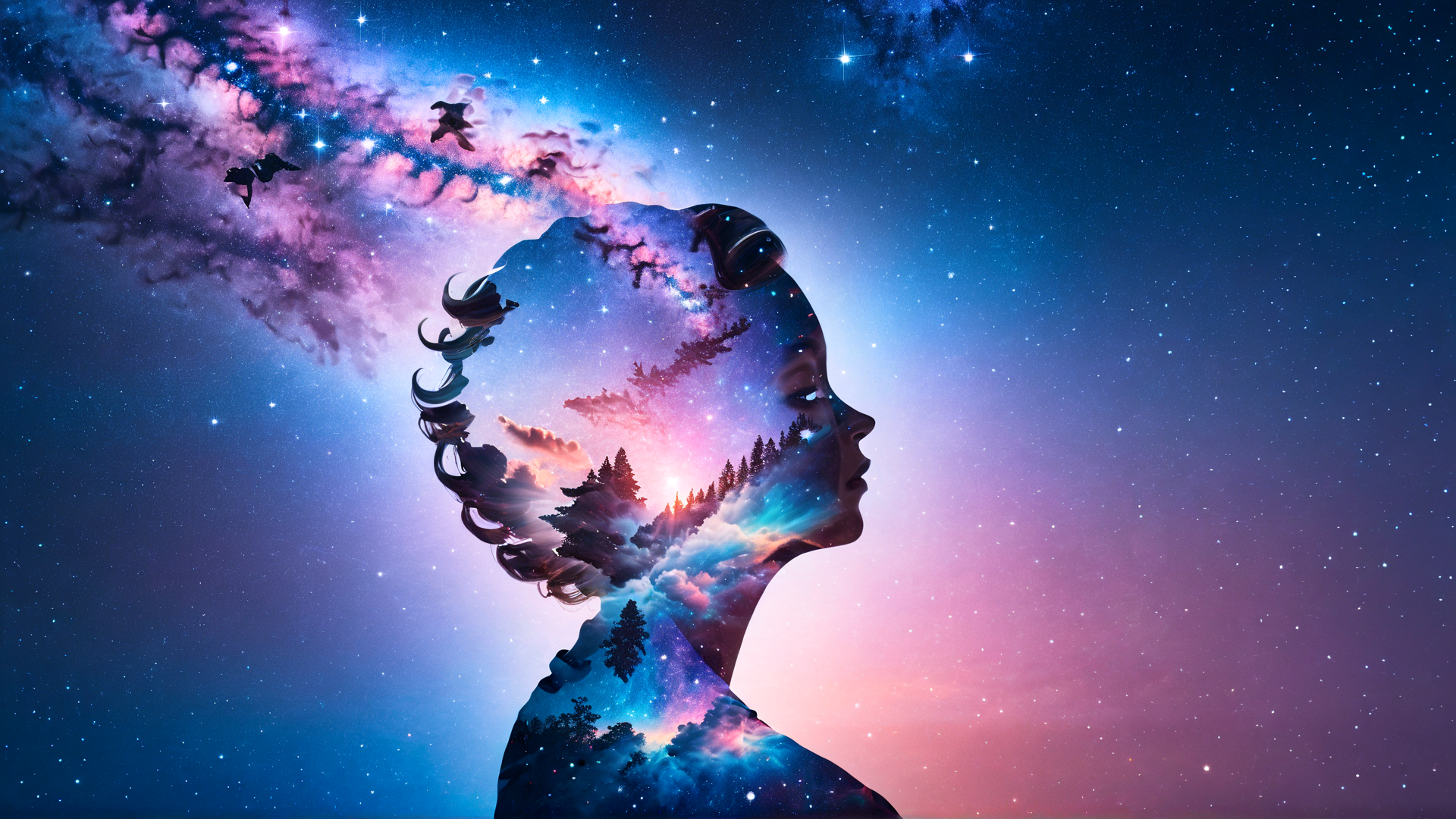 AI generated wallpaper featuring woman, galaxy, forest, stars