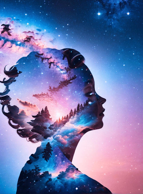 woman, galaxy, forest, stars