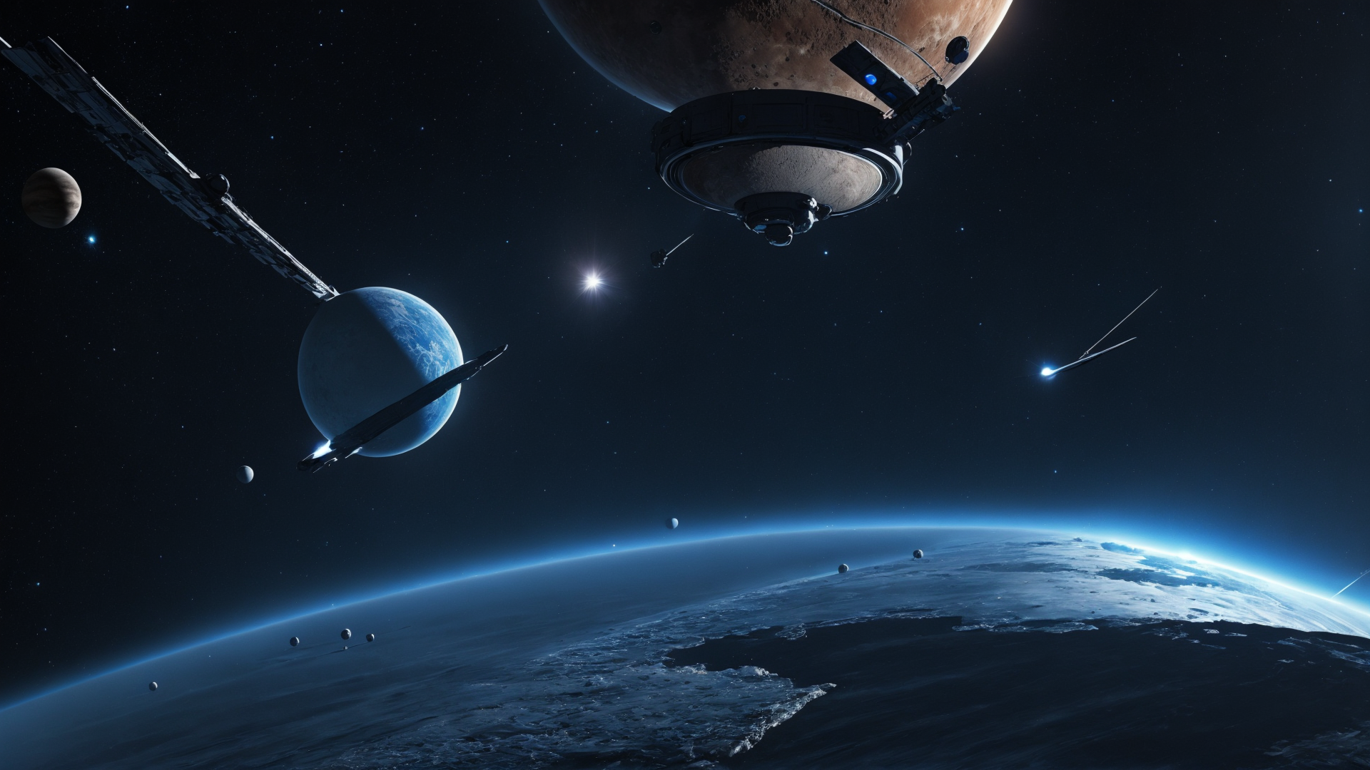 AI generated wallpaper featuring space, planets, spaceship, satellite, stars, moon, comet, earth, orbit, solar system