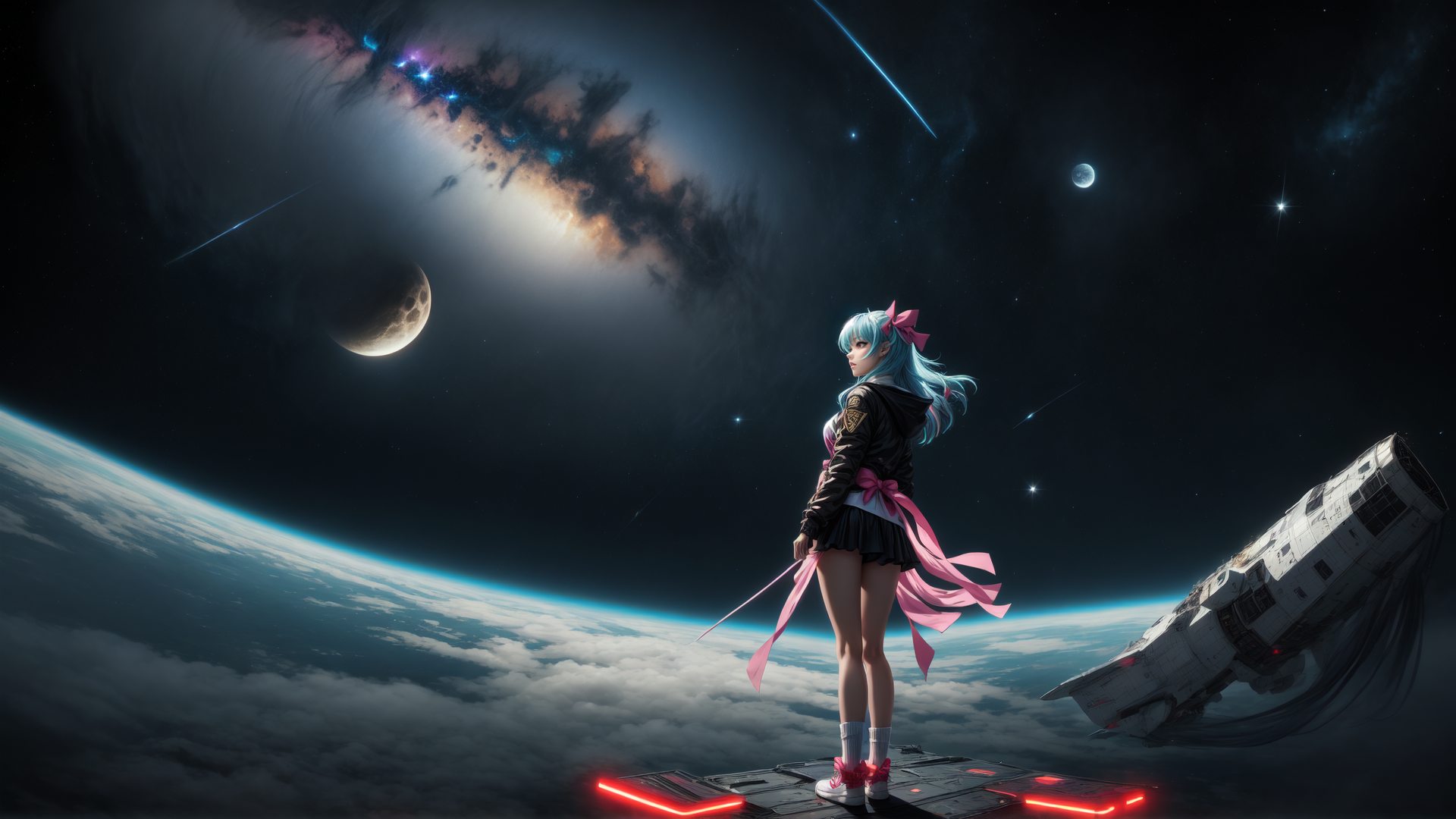 AI generated wallpaper featuring girl, spaceship, earth, moon, galaxy, nebula, stars, ribbon, astronaut, planet