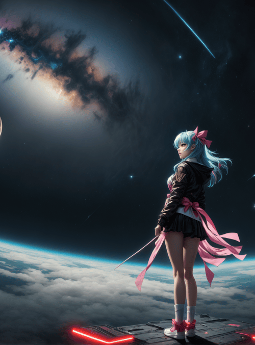 girl, spaceship, earth, moon, galaxy, nebula, stars, ribbon, astronaut, planet