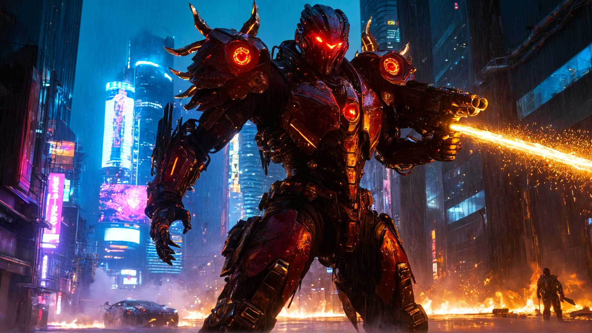 AI generated wallpaper featuring robot, armor, city, fire, gun, buildings, neon, car, smoke, sparks