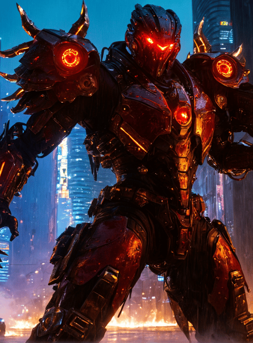 robot, armor, city, fire, gun, buildings, neon, car, smoke, sparks