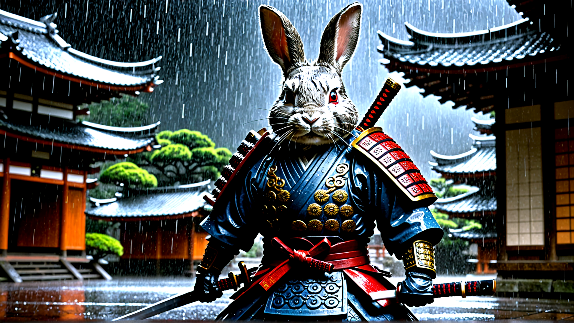 AI generated wallpaper featuring rabbit, samurai, sword, japanese architecture, rain