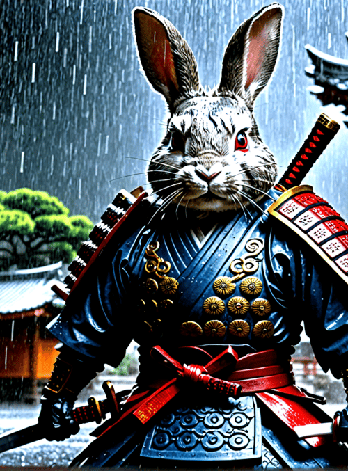 rabbit, samurai, sword, japanese architecture, rain