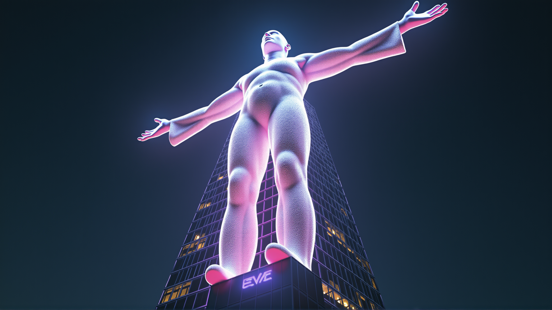 AI generated wallpaper featuring statue, building, figure, man, eve, neon