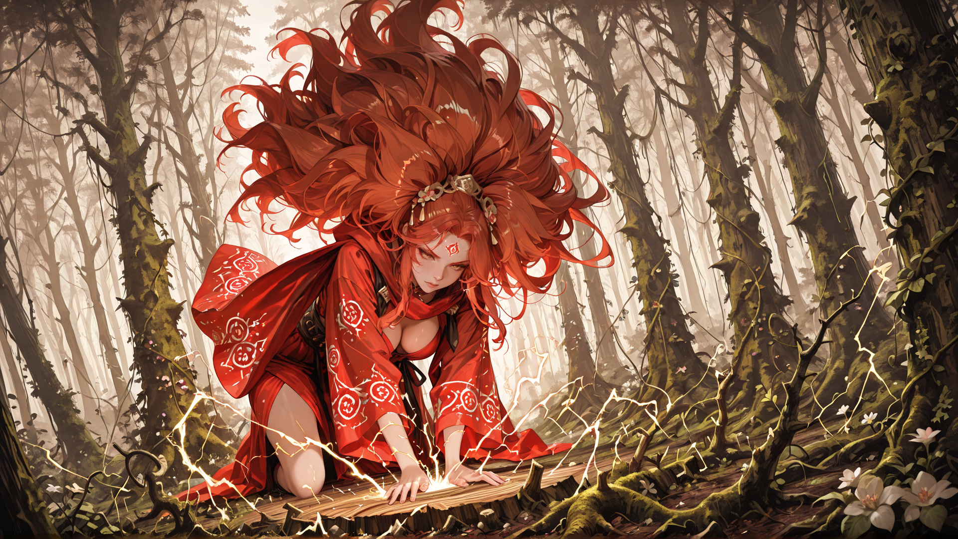 AI generated wallpaper featuring red-haired woman, forest, spirit, ancient tree, sacrificial altar