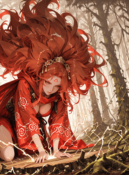 red-haired woman, forest, spirit, ancient tree, sacrificial altar