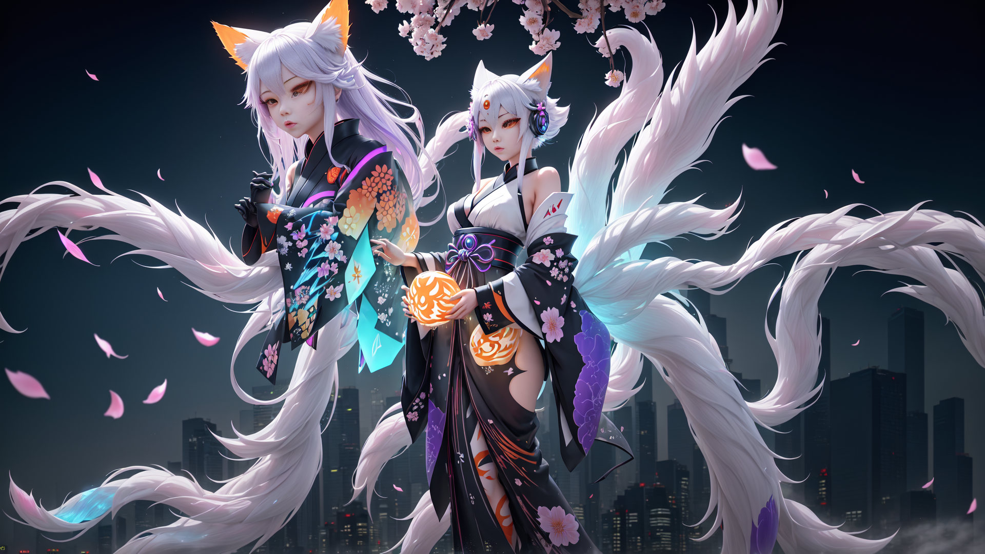 AI generated wallpaper featuring fox spirits, anime characters, kawaii girls