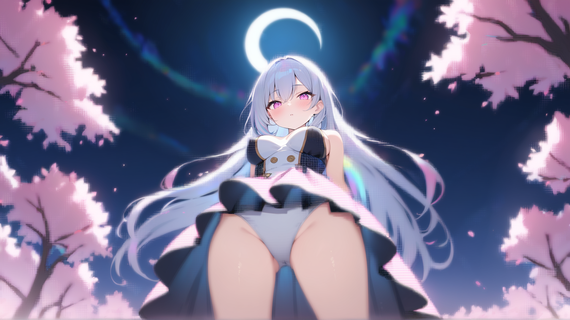 AI generated wallpaper featuring girl, cherry blossoms, moon