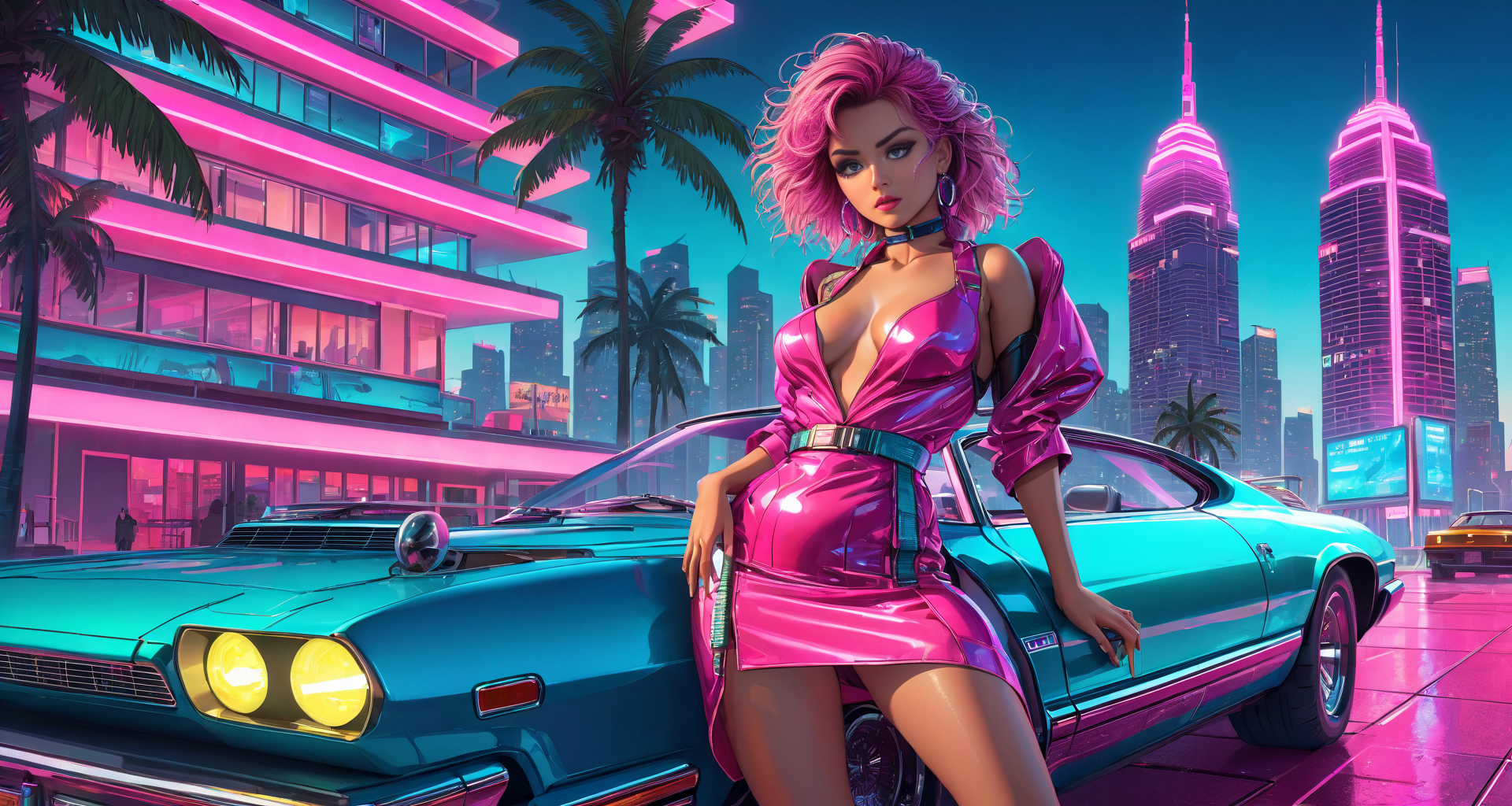 AI generated wallpaper featuring woman, car, city
