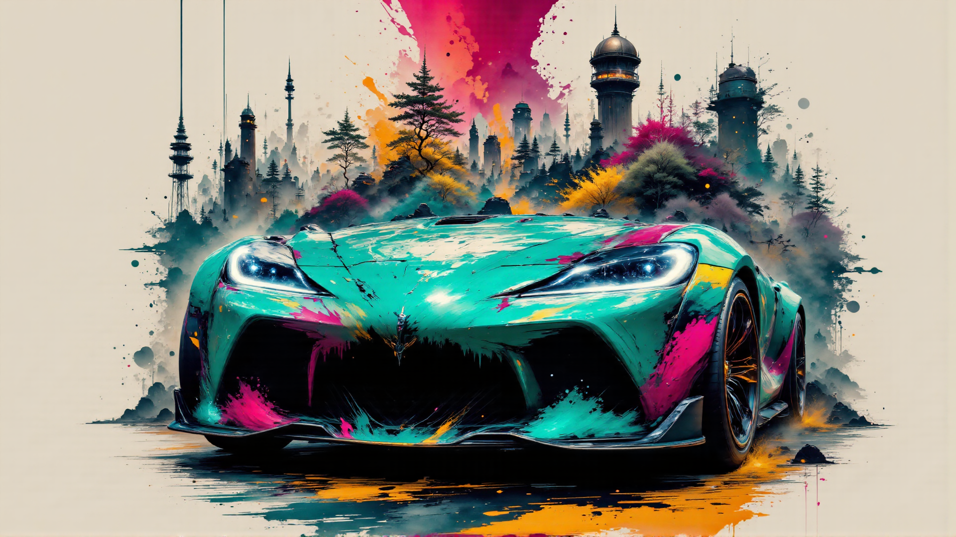 AI generated wallpaper featuring car, city, trees, towers
