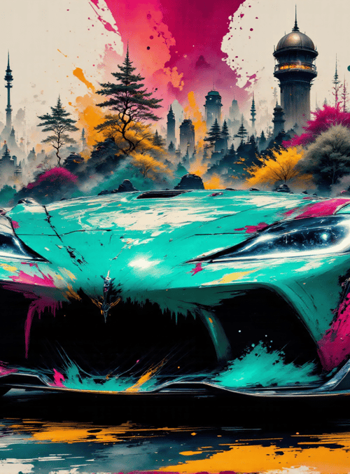 car, city, trees, towers
