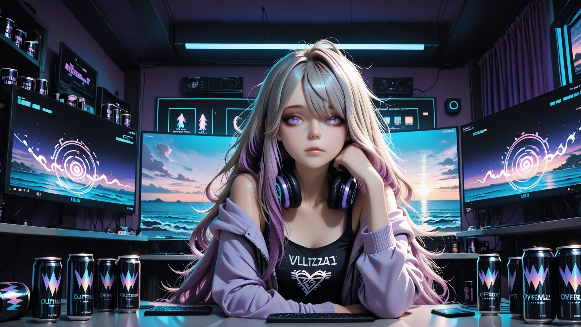 AI generated wallpaper featuring girl, headphones, computer, monitor, can, desk, keyboard