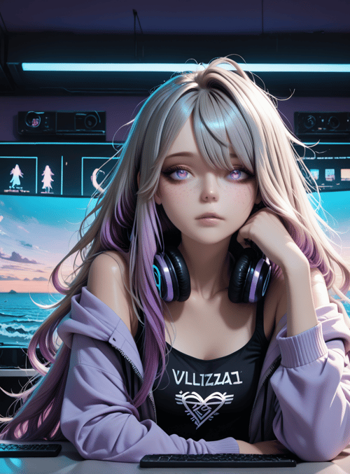 girl, headphones, computer, monitor, can, desk, keyboard